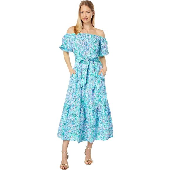 Lilly Pulitzer Dresses & Skirts - New Lilly Pulitzer Tamie Off-The-Shoulder Dress Blue Tiered Puff Sleeve Sz S